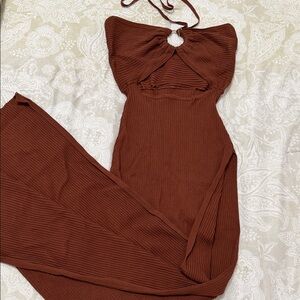 Brown Maxi Halter Dress with Slit